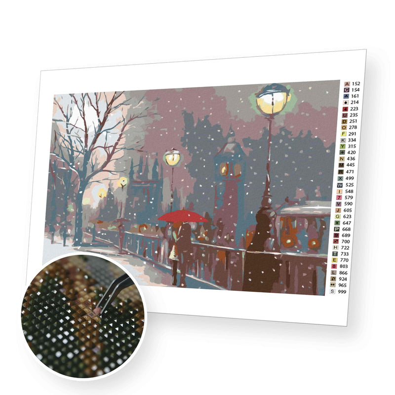 Couple on the Bridge in Falling Snow premium diamond painting kit for adults